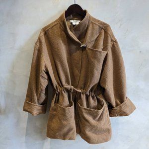 Vintage Tan Camel Khaki Drop Shoulder Cocoon Coat Jacket, France, Size 42